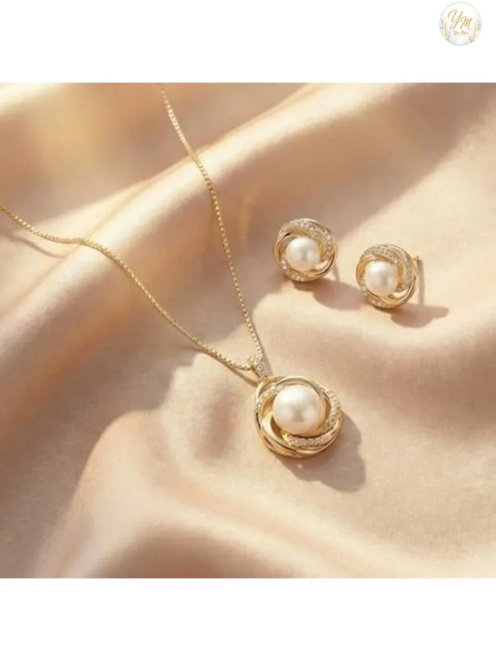 Freshwater Pearl Necklace & Earrings Set 14K Yellow Gold Plated Cubic Zirconia